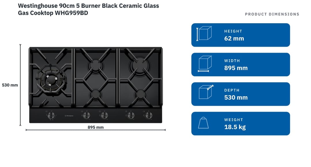 Westinghouse 90cm 5 Burner Black Ceramic Glass Gas Cooktop WHG959BD — product dimensions