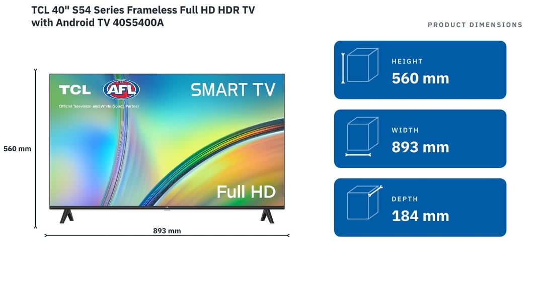 TCL 40" S54 Series Frameless Full HD HDR TV with Android TV 40S5400A — product dimensions