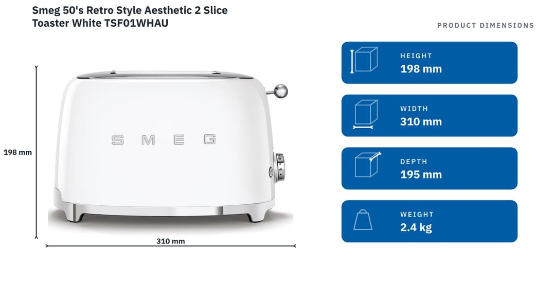 Smeg 50's Retro Style Aesthetic 2 Slice Toaster White TSF01WHAU