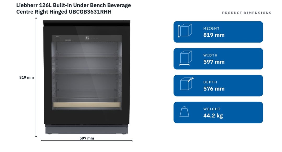 Liebherr 126L Built-in Under Bench Beverage Centre Right Hinged UBCGB3631RHH — product dimensions