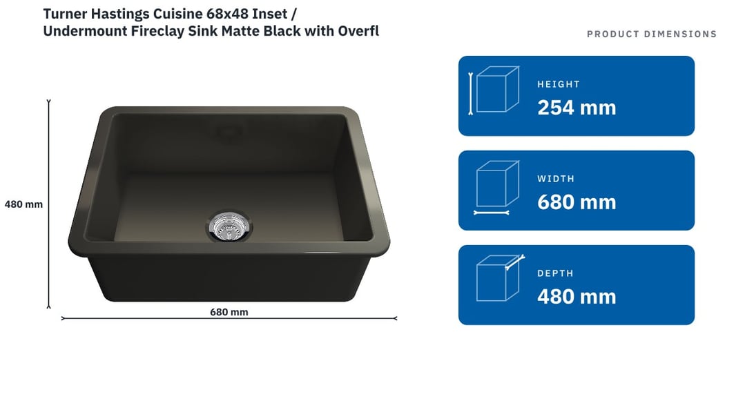 Turner Hastings Cuisine 68x48 Inset / Undermount Fireclay Sink Matte Black with Overflow CU68FS-MB-OF — product dimensions