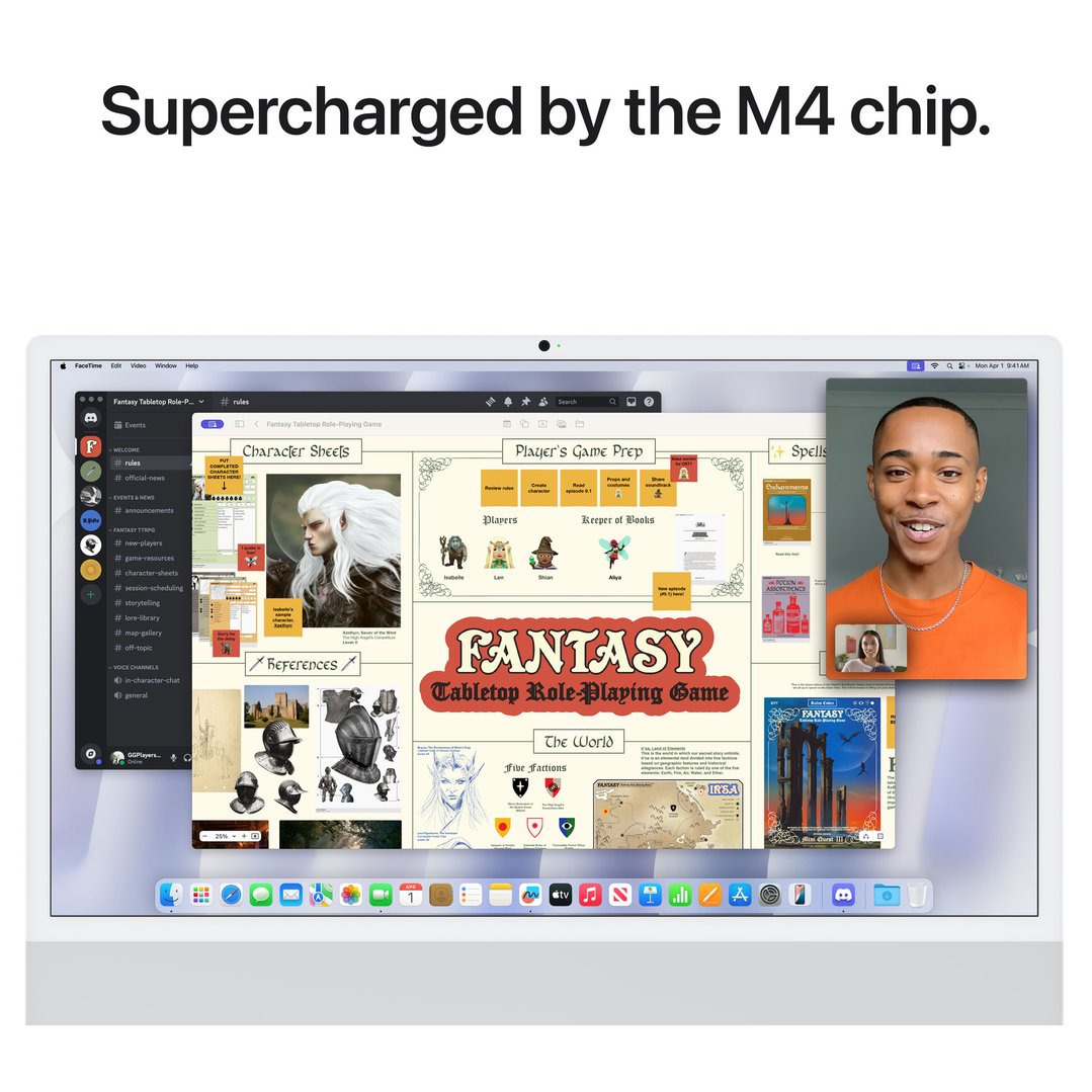 iMac with Retina 4.5K Display showing a video call and a fantasy role-playing game