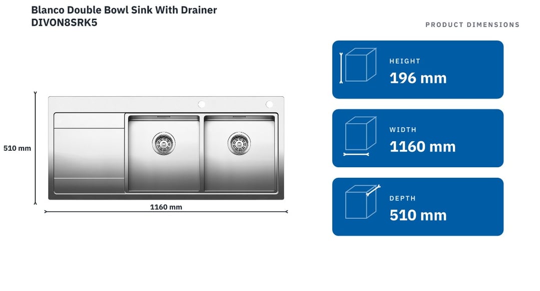 Blanco Double Bowl Sink With Drainer DIVON8SRK5 — product dimensions