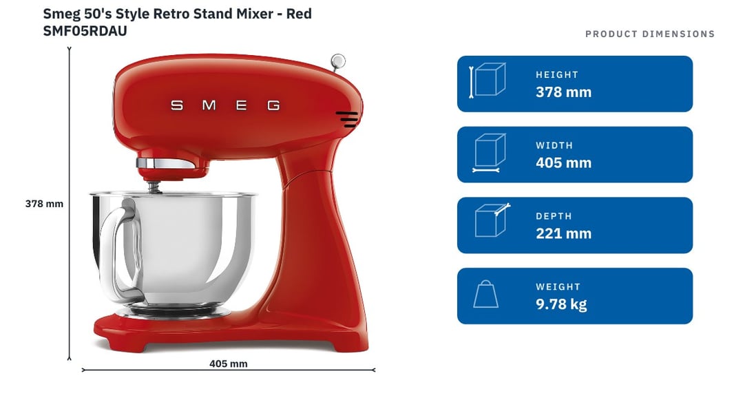 Smeg 50's Style Retro Stand Mixer - Red SMF05RDAU — product dimensions