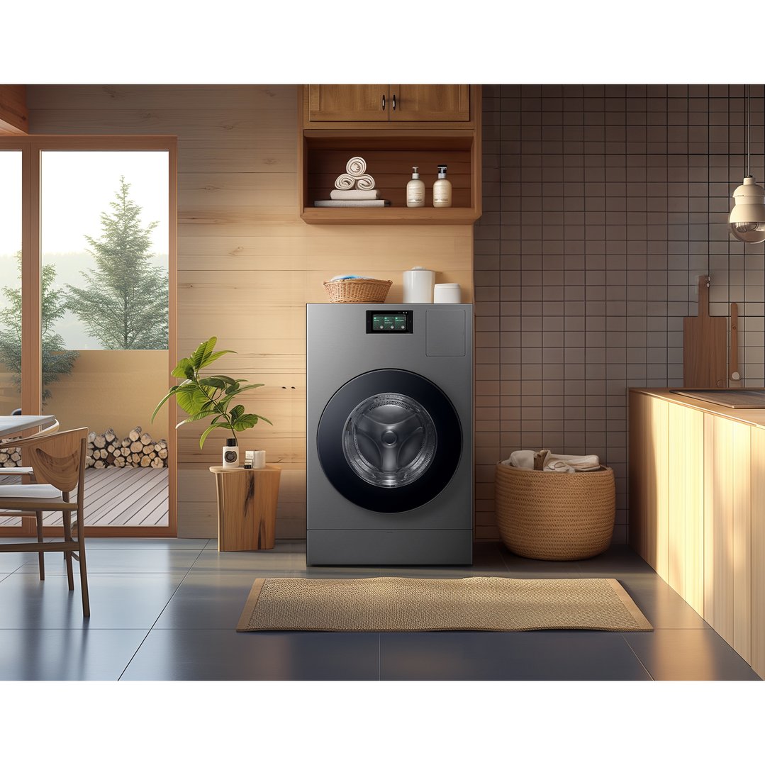AI Heat Pump Washer Dryer Combo in a modern laundry room with wooden accents