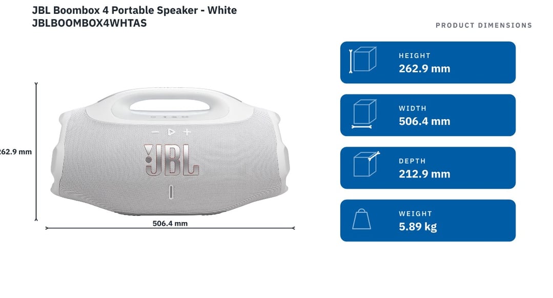 JBL Boombox 4 Portable Speaker - White JBLBOOMBOX4WHTAS — product dimensions