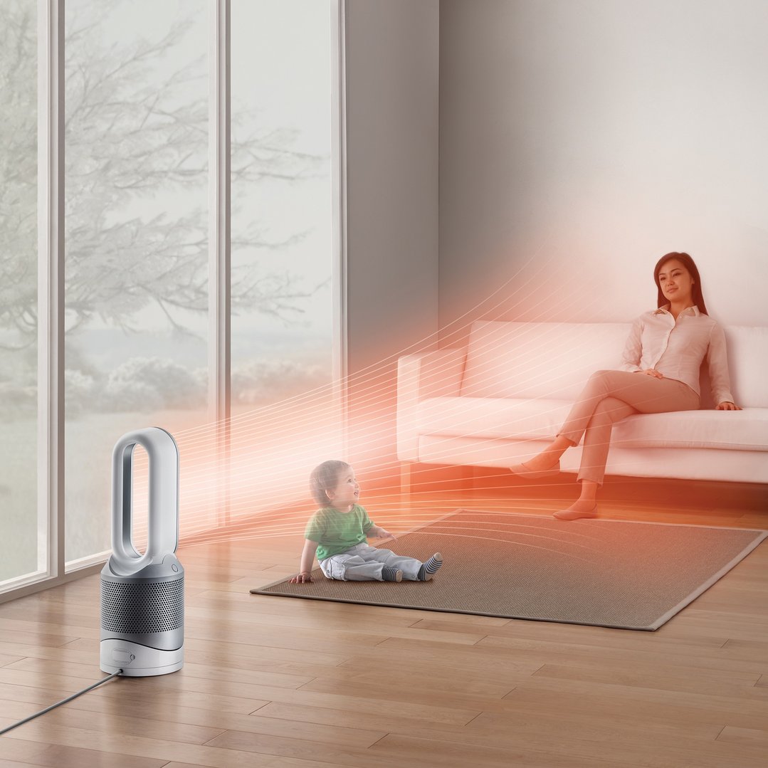 Dyson Pure Hot+Cool purifying heater + fan heating a woman and baby