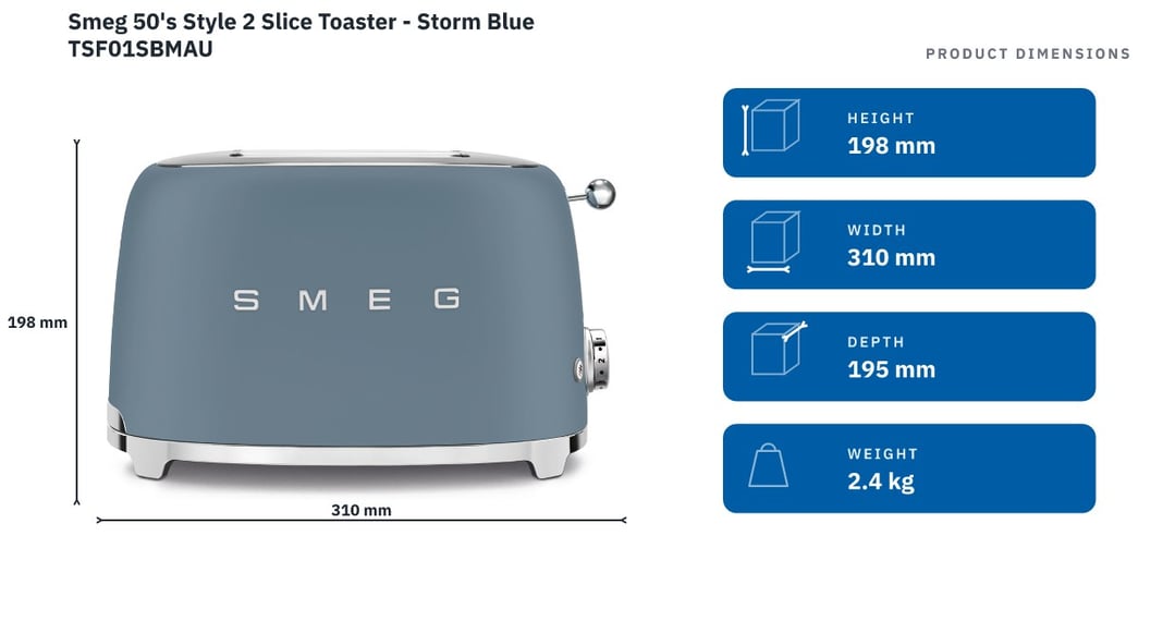 Smeg 50's Style 2 Slice Toaster - Storm Blue TSF01SBMAU