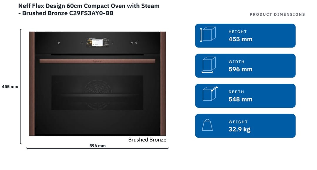 Neff Flex Design 60cm Compact Oven with Steam - Brushed Bronze C29FS3AY0-BB — product dimensions