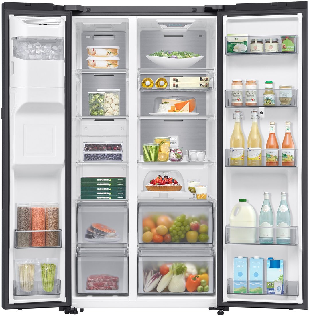 Open Samsung 615L Side-by-Side Refrigerator filled with food and drinks