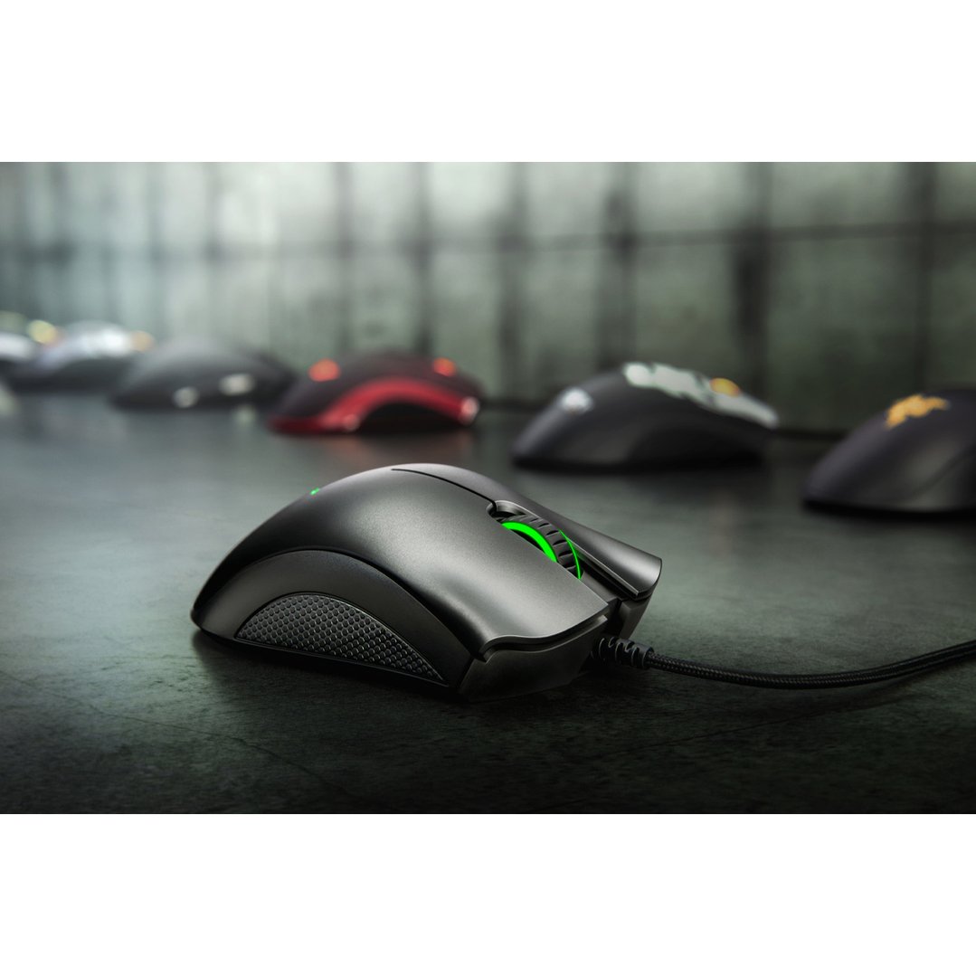 Black Razer Death Adder Essential Mouse with green scroll wheel light