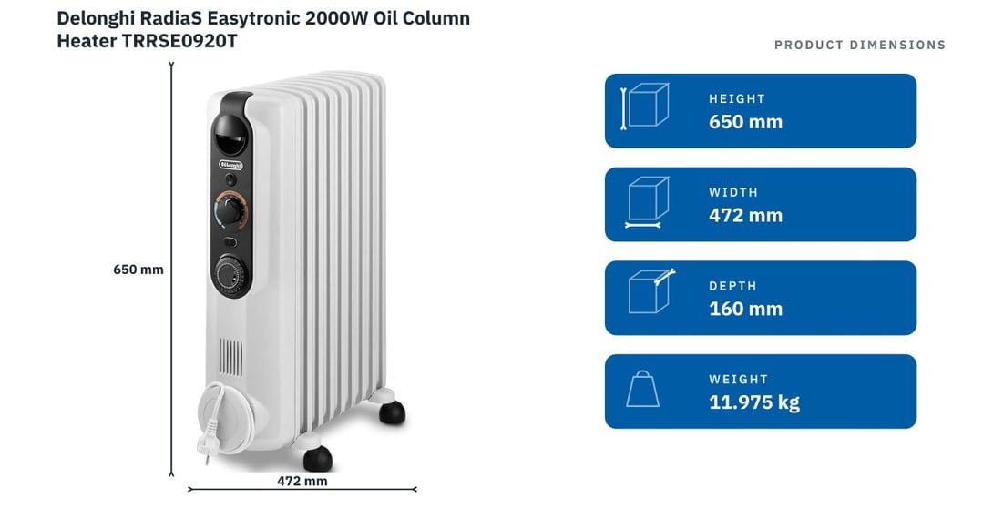 Delonghi RadiaS Easytronic 2000W Oil Column Heater TRRSE0920T — product dimensions