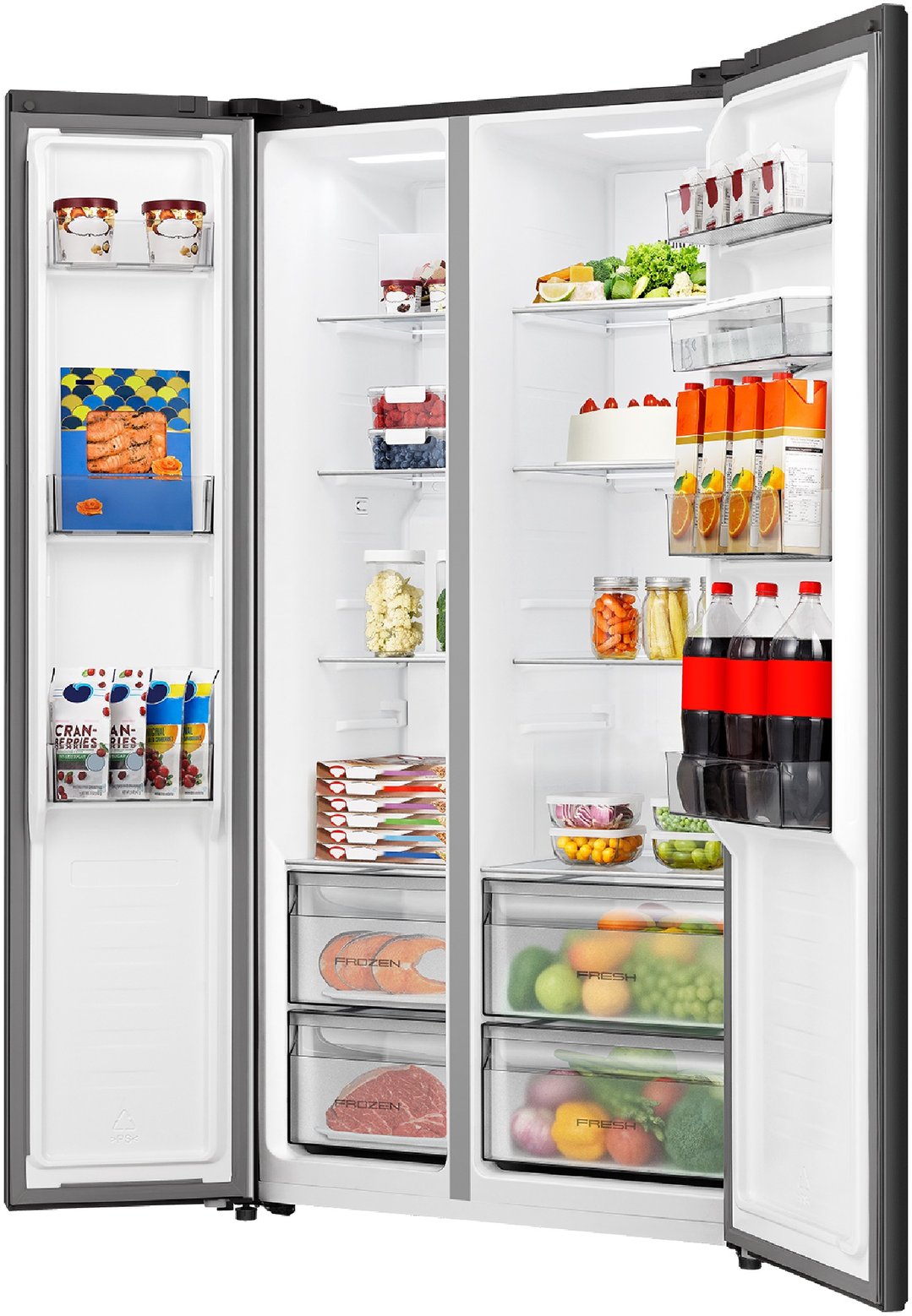 Open Hisense 541L PureFlat Side by Side Fridge filled with food