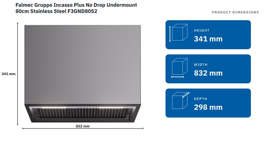 Falmec Gruppo Incasso Plus No Drop Undermount 80cm Stainless Steel F3GND80S2 — product dimensions