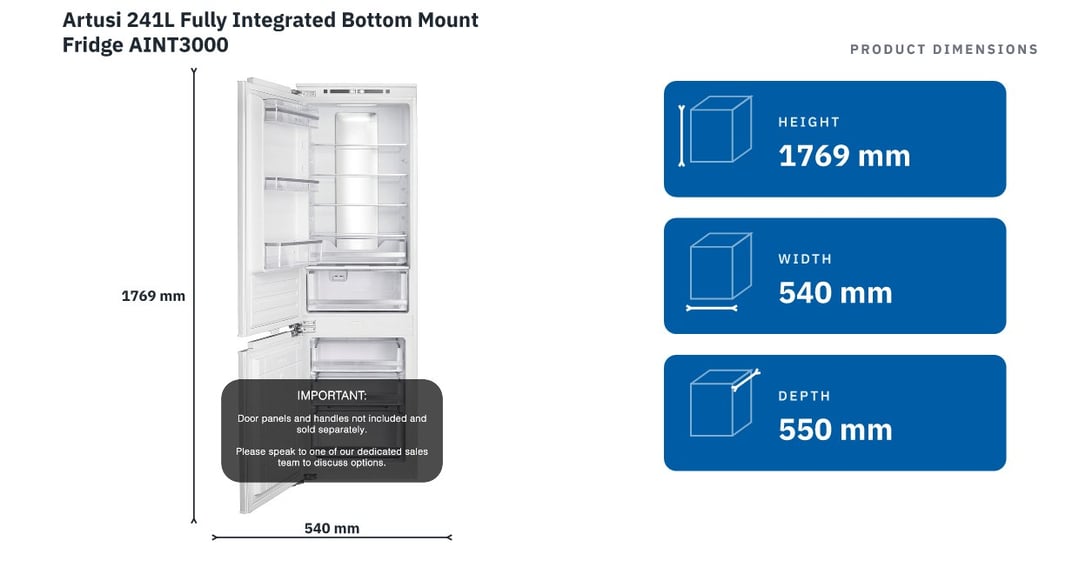 Artusi 241L Fully Integrated Bottom Mount Fridge AINT3000 — product dimensions