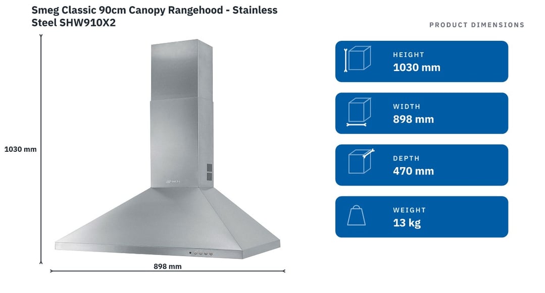 Smeg Classic 90cm Canopy Rangehood - Stainless Steel SHW910X2 — product dimensions