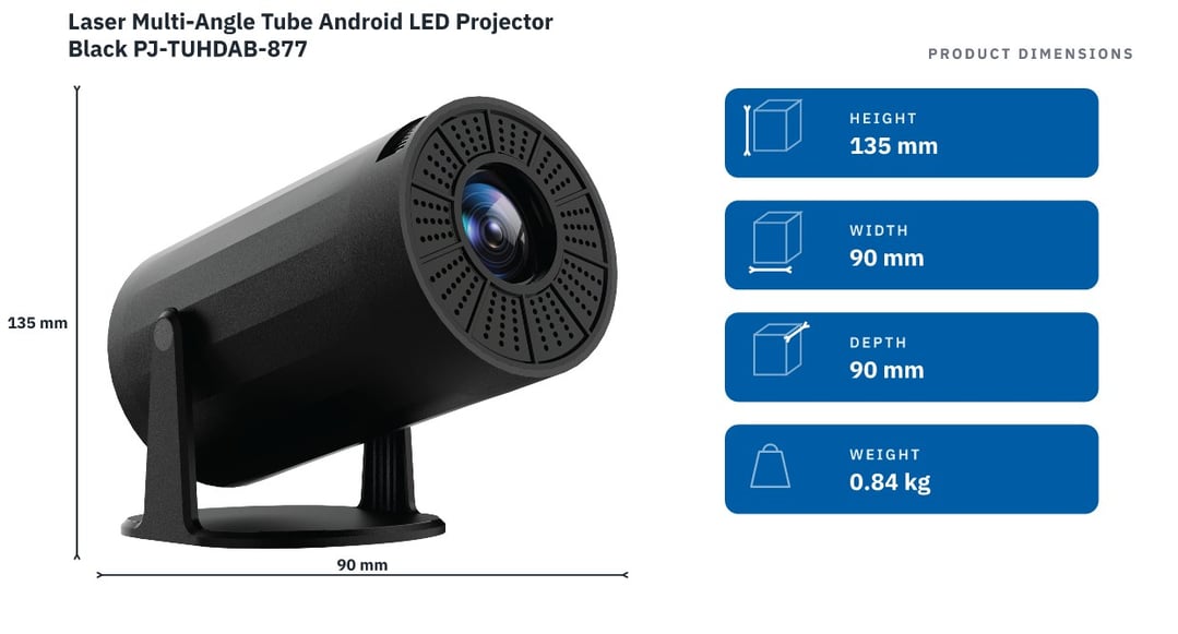 Laser Multi-Angle Tube Android LED Projector Black PJ-TUHDAB-877
