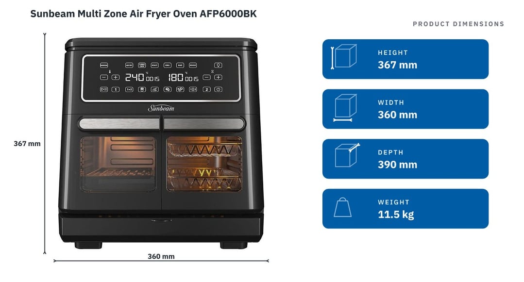 Sunbeam Multi Zone Air Fryer Oven AFP6000BK — product dimensions