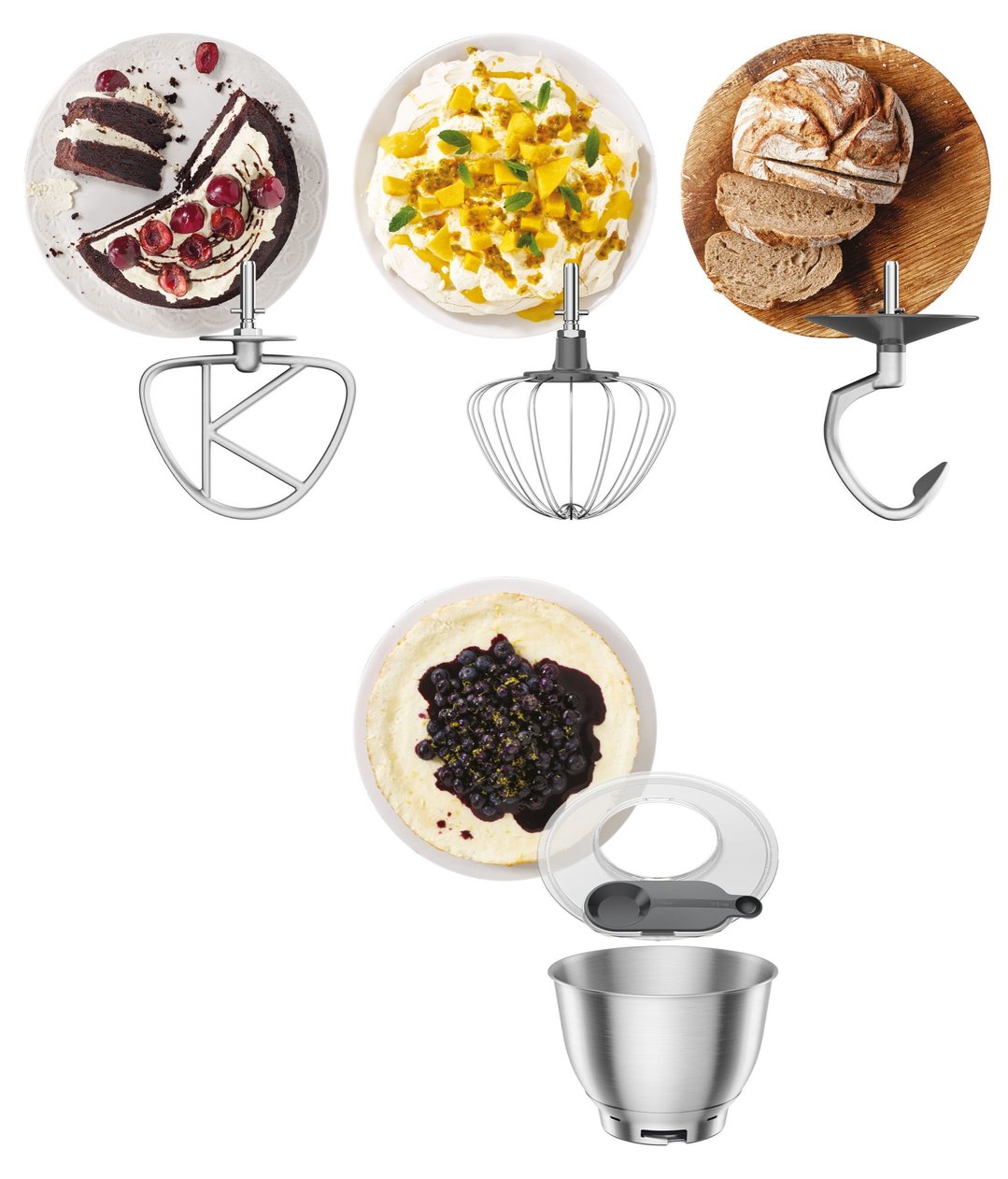 Various food mixer attachments with prepared food items, including cake, meringue, and bread