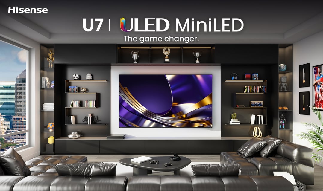 A Hisense ULED MiniLED TV in a modern living room with black furniture