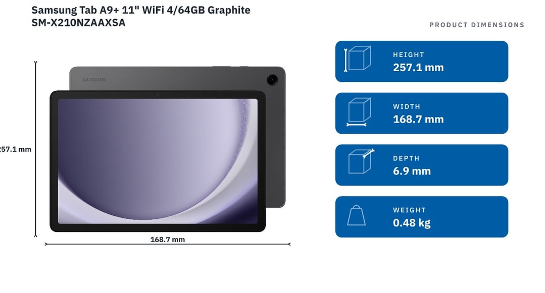 Samsung Tab A9+ 11" WiFi 4/64GB Graphite SM-X210NZAAXSA — product dimensions