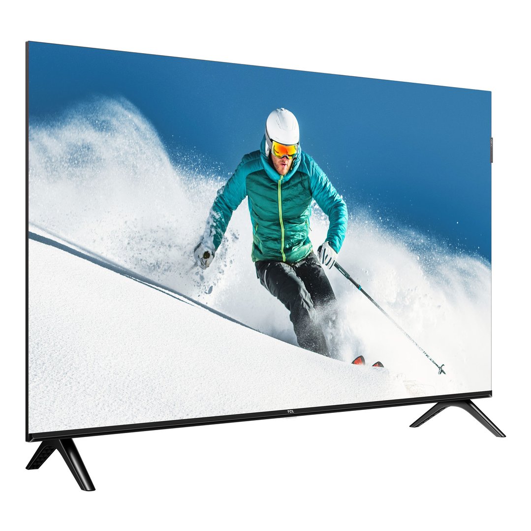 TCL TV displaying a skier on a snowy mountain, on a white background