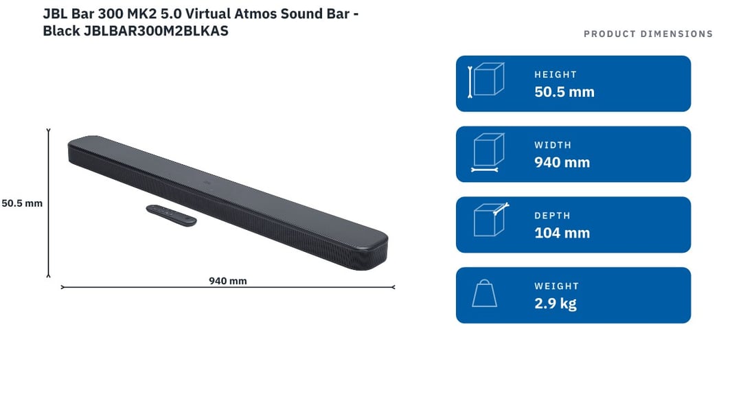JBL Bar 300 MK2 5.0 Virtual Atmos Sound Bar - Black JBLBAR300M2BLKAS — product dimensions