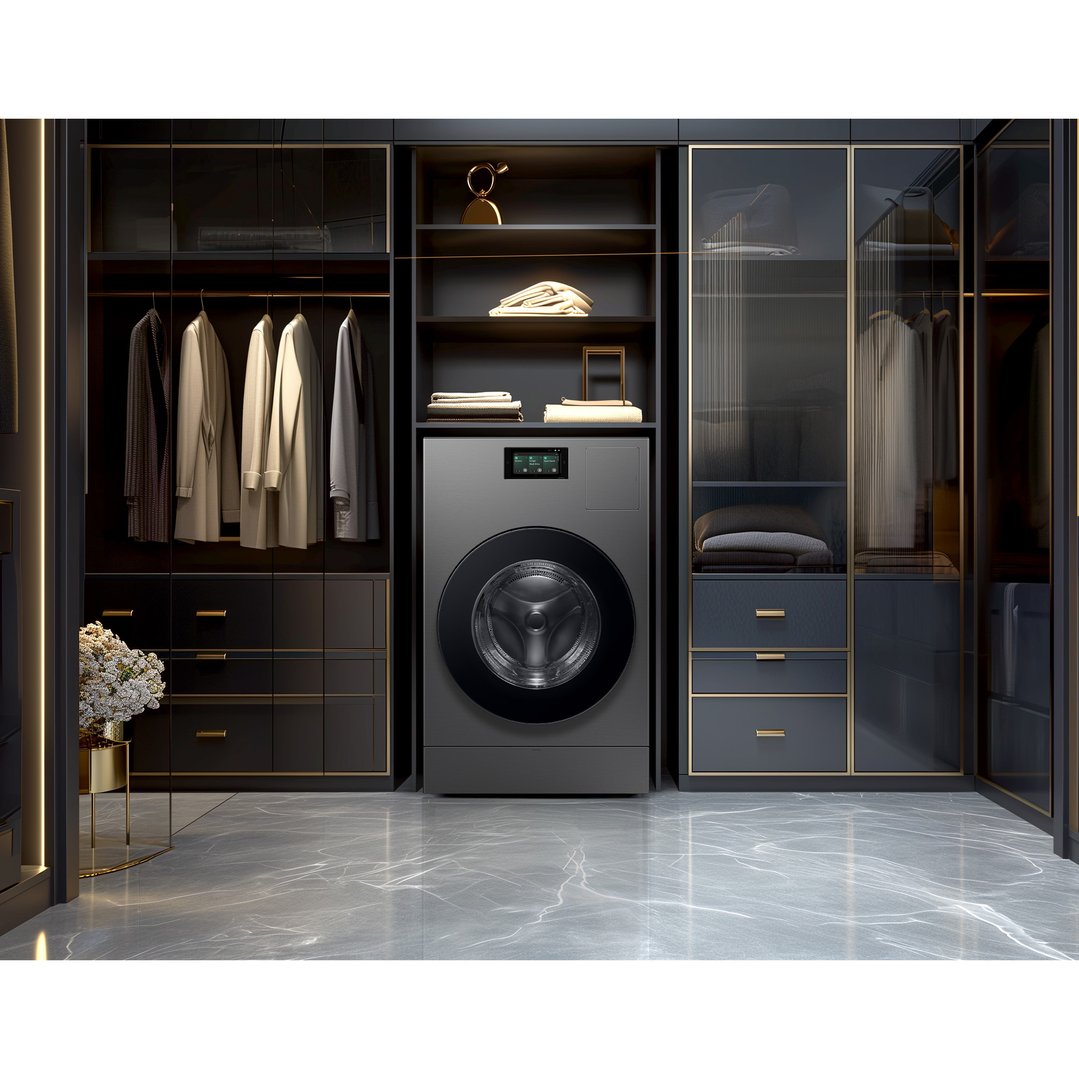 AI Heat Pump Washer Dryer Combo integrated into a luxurious dark wardrobe system