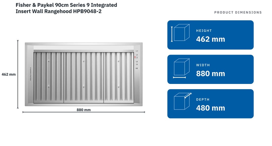 Fisher & Paykel 90cm Series 9 Integrated Insert Wall Rangehood HPB9048-2 — product dimensions