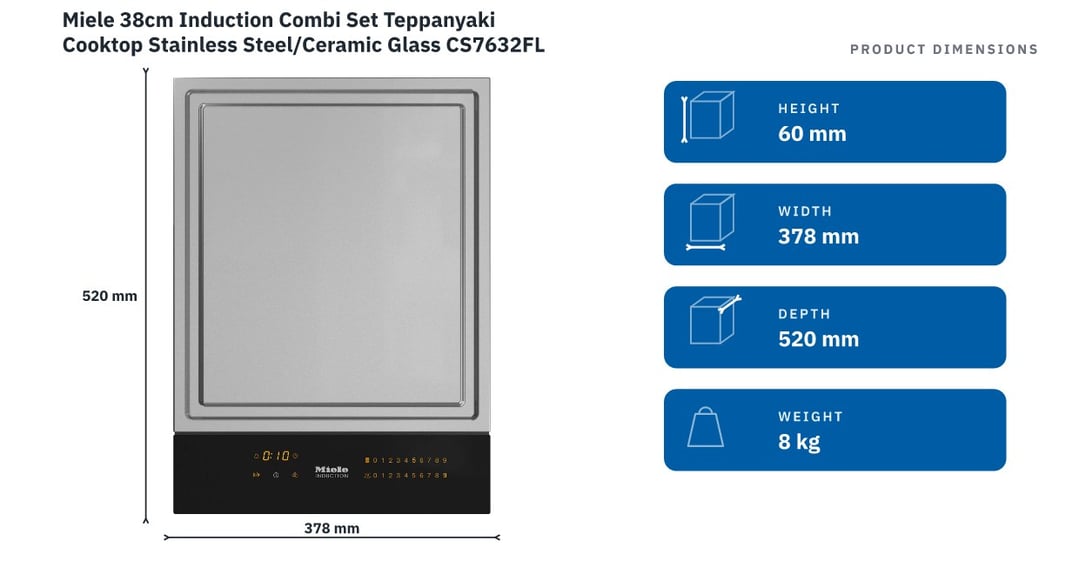 Miele 38cm Induction Combi Set Teppanyaki Cooktop Stainless Steel/Ceramic Glass CS7632FL — product dimensions