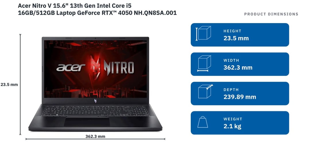Acer Nitro V 15.6" 13th Gen Intel Core i5 16GB/512GB Laptop GeForce RTX™ 4050 NH.QN8SA.001 — product dimensions