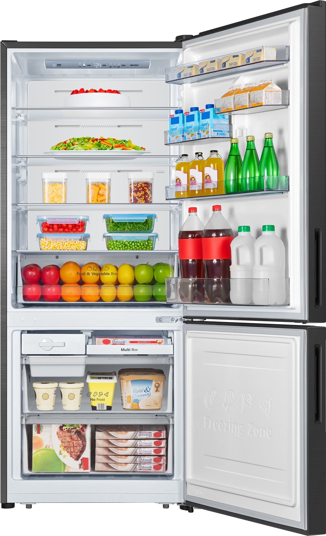 Open Hisense 417L Bottom Mount Refrigerator filled with food and drinks
