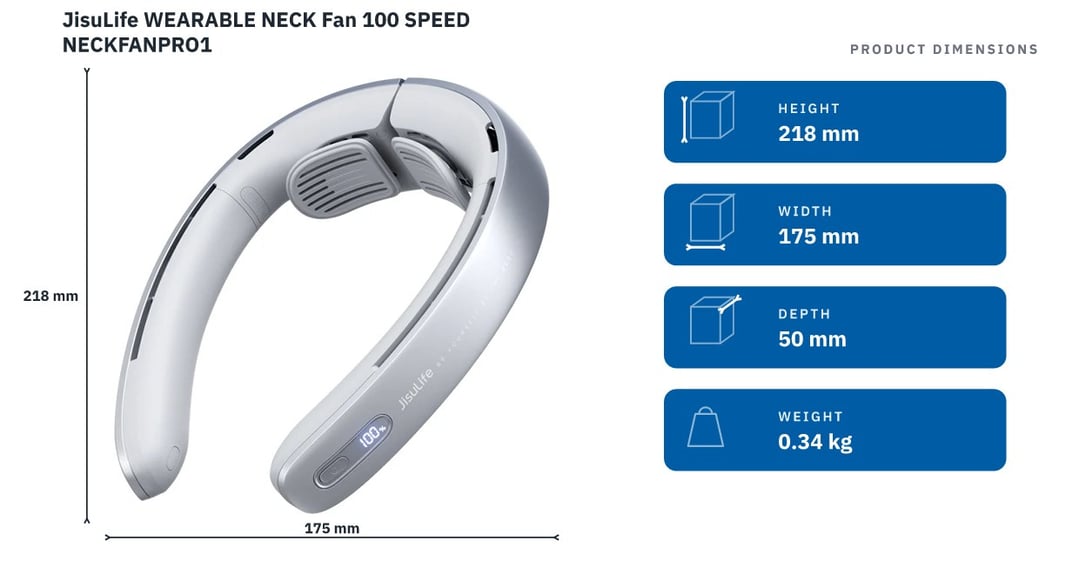 JisuLife WEARABLE NECK Fan 100 SPEED NECKFANPRO1 — product dimensions