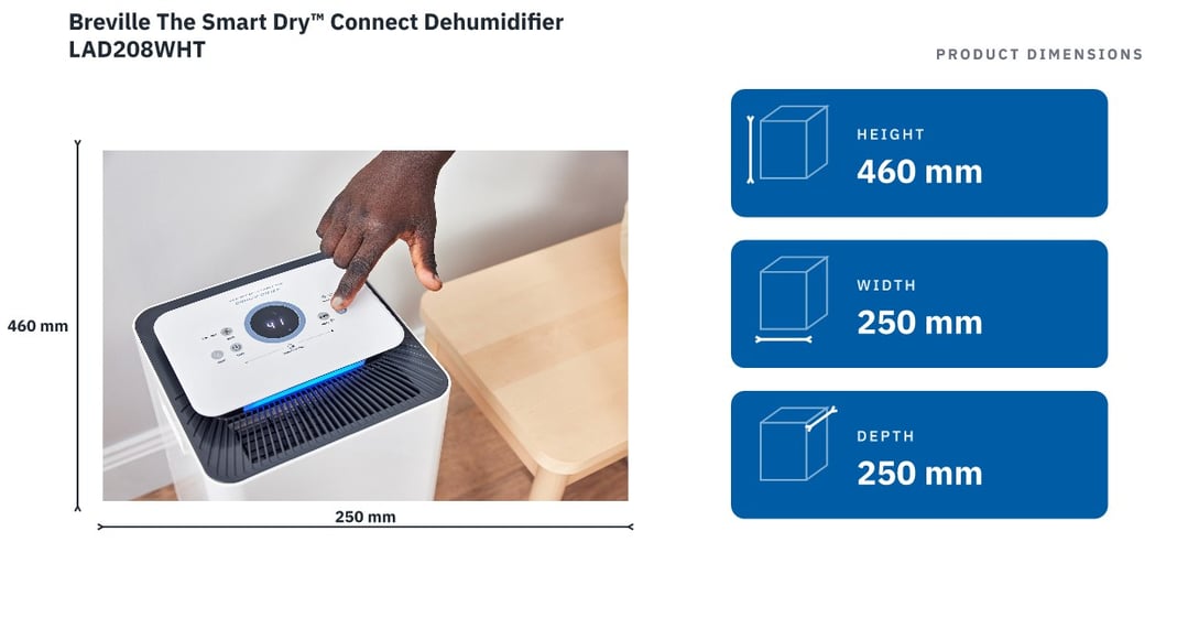 Breville The Smart Dry™ Connect Dehumidifier LAD208WHT — product dimensions