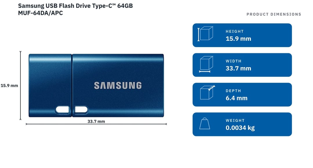 Samsung USB Flash Drive Type-C™ 64GB MUF-64DA/APC — product dimensions