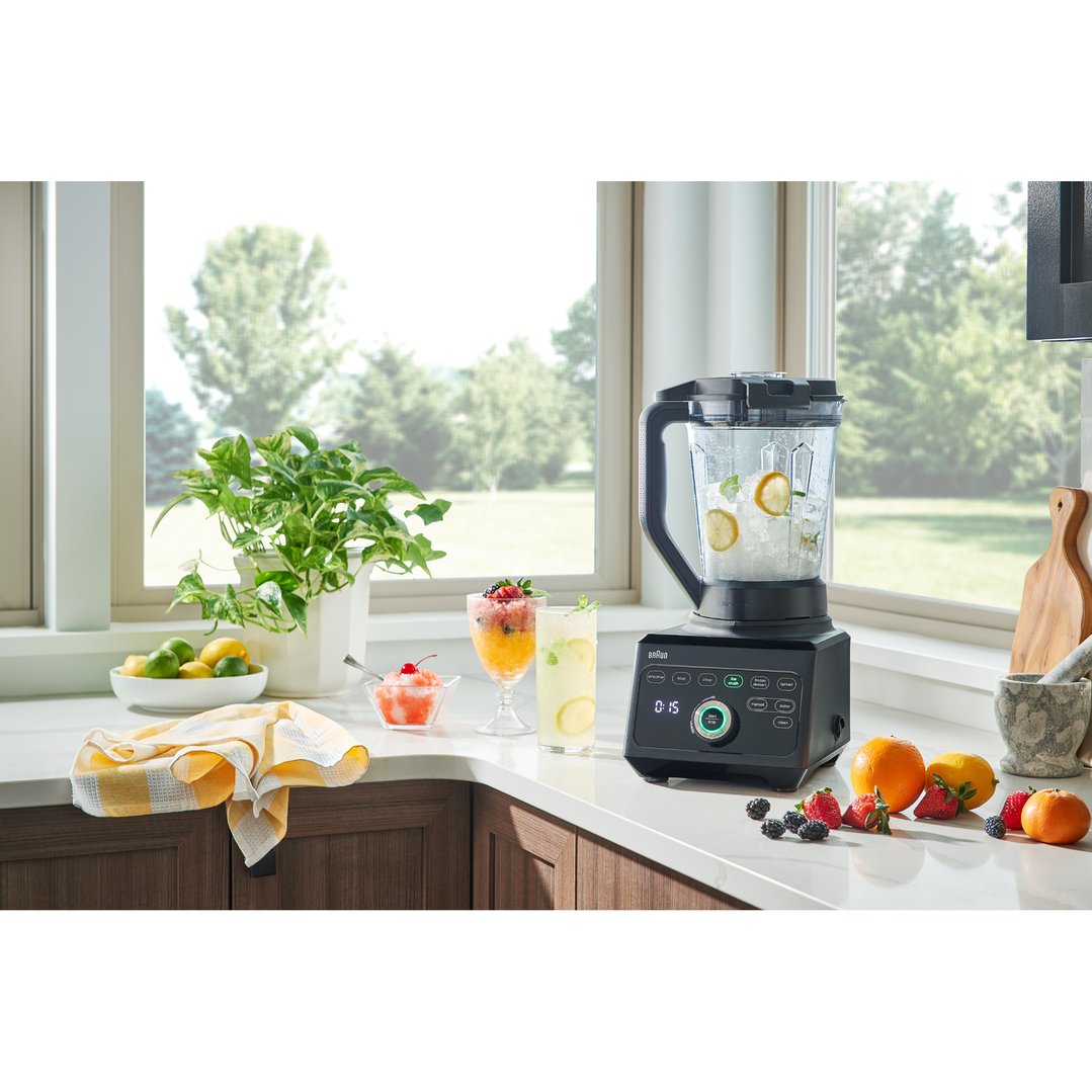 Braun PowerBlend 9 Jug Blender on a kitchen counter with fruits and drinks