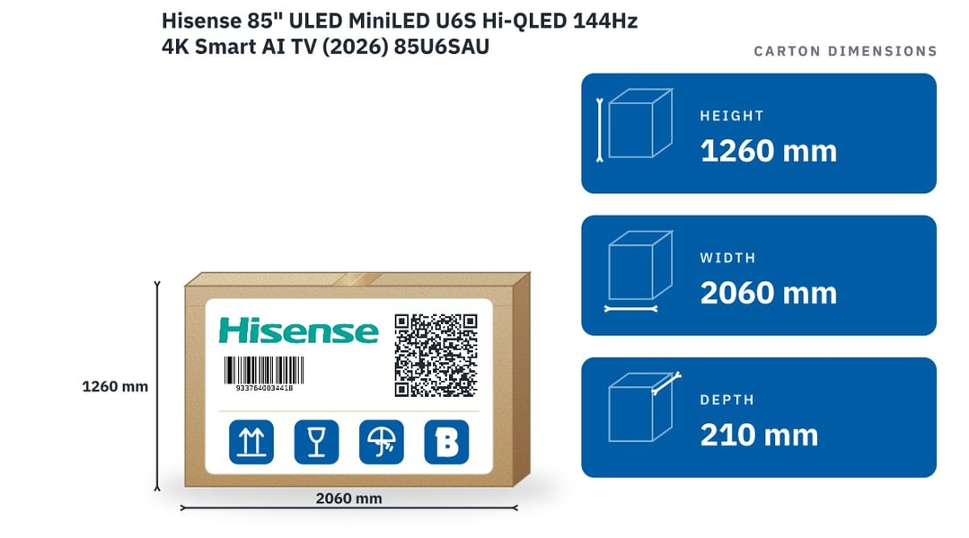 Hisense 85" ULED MiniLED U6S Hi-QLED 144Hz 4K Smart AI TV (2026) 85U6SAU