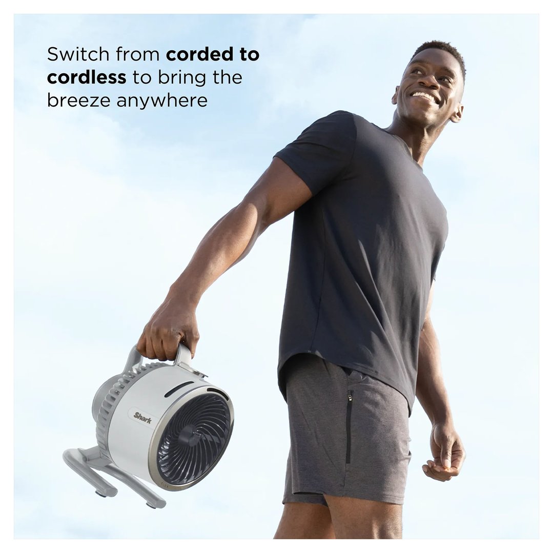 Man holding a Shark FlexBreeze portable fan outdoors with text overlay
