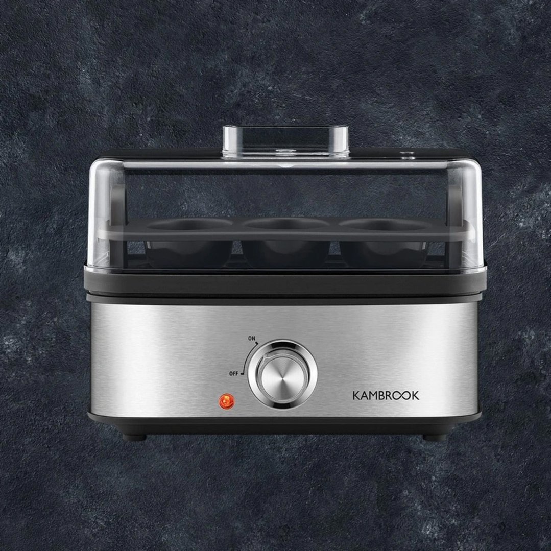 Kambrook 3 Way Egg Cooker on a dark textured background