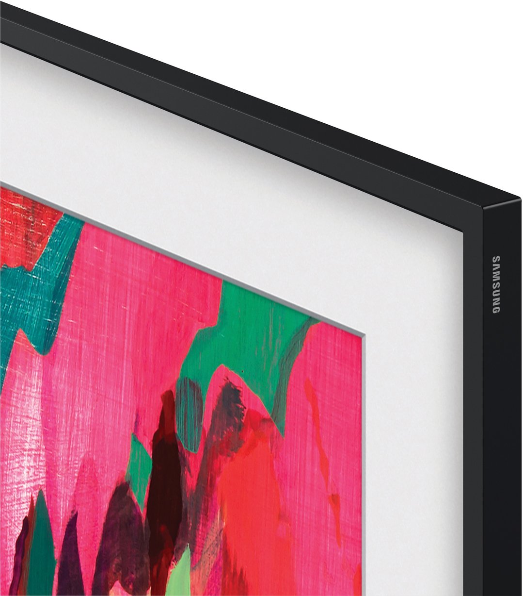 Close-up of a Samsung The Frame TV displaying abstract art with a white mat
