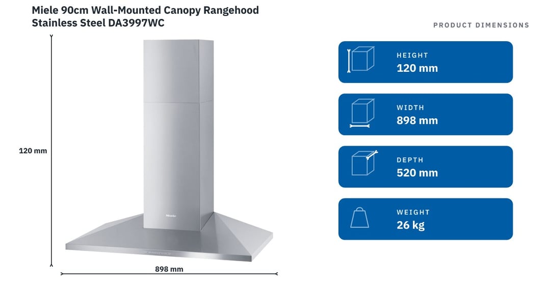 Miele 90cm Wall-Mounted Canopy Rangehood Stainless Steel DA3997WC
