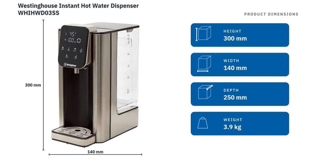 Westinghouse Instant Hot Water Dispenser WHIHWD03SS — product dimensions