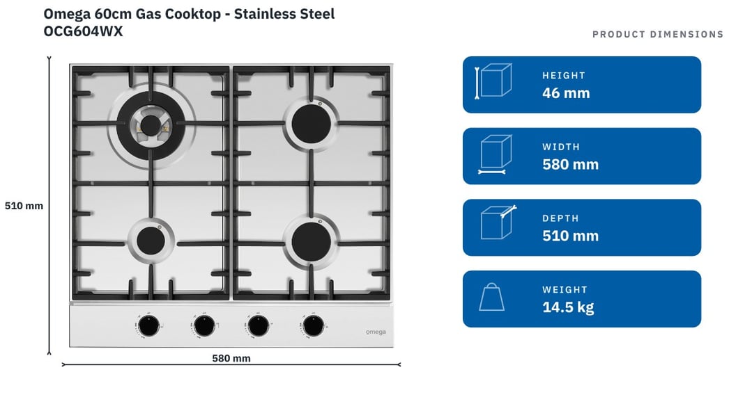 Omega 60cm Gas Cooktop - Stainless Steel OCG604WX — product dimensions