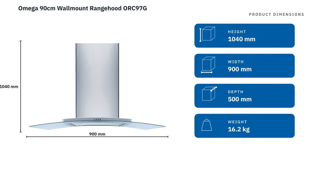 Omega 90cm Wallmount Rangehood ORC97G — product dimensions