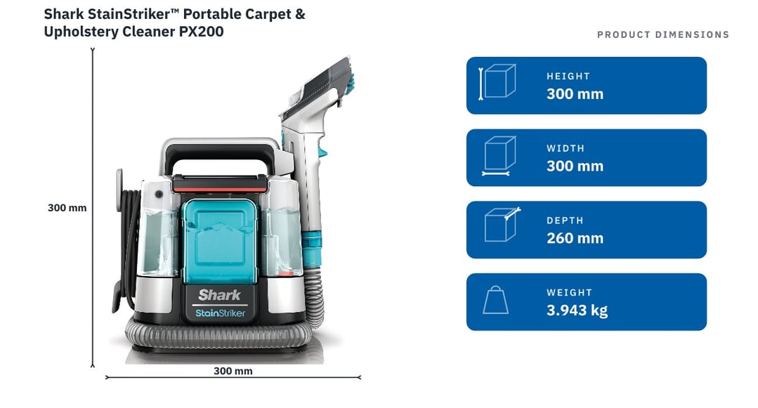 Shark StainStriker™ Portable Carpet & Upholstery Cleaner PX200 — product dimensions