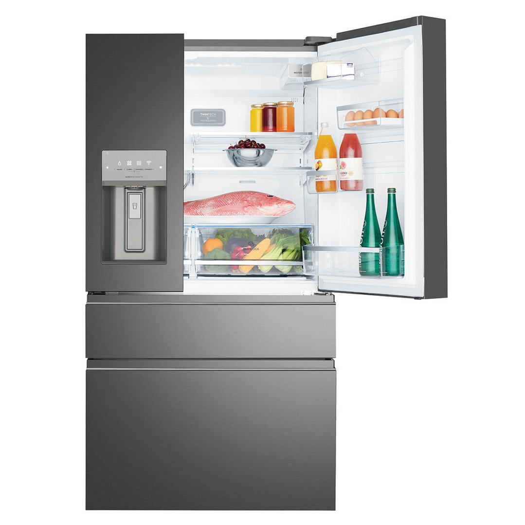 Open dark grey French door fridge with food inside, showing interior