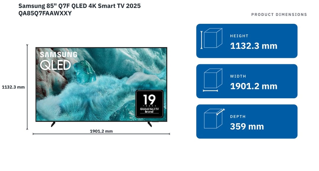 Samsung 85" Q7F QLED 4K Smart TV 2025 QA85Q7FAAWXXY — product dimensions