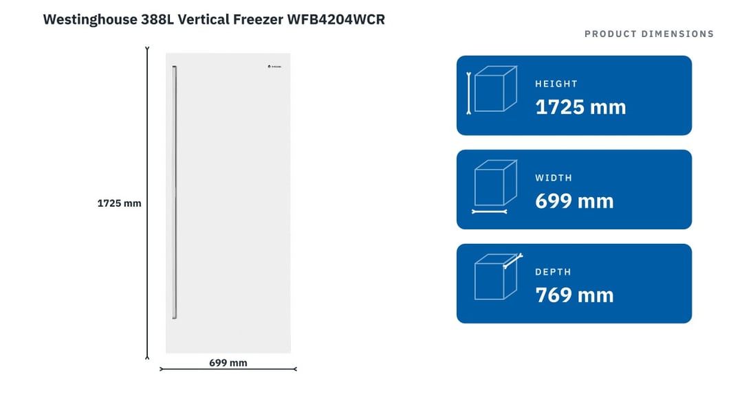 Westinghouse 388L Vertical Freezer WFB4204WCR — product dimensions