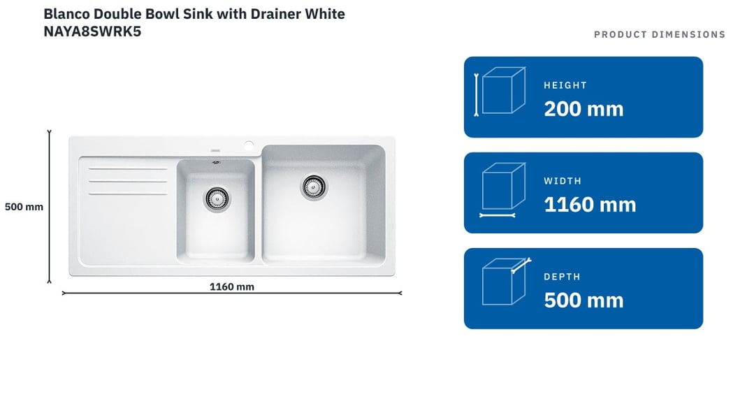 Blanco Double Bowl Sink with Drainer White NAYA8SWRK5 — product dimensions