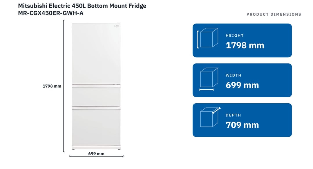 Mitsubishi Electric 450L Bottom Mount Fridge MR-CGX450ER-GWH-A
